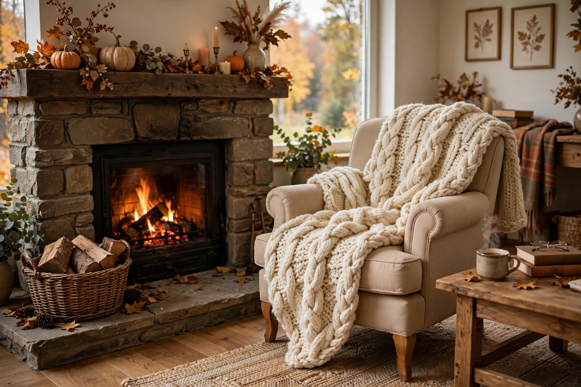 Chunky knit throw and firewood basket by the fireplace