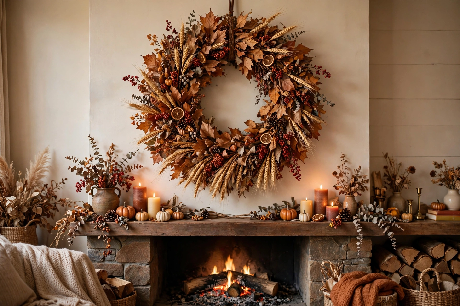 Oversized autumn wreath above a decorated fireplace mantel