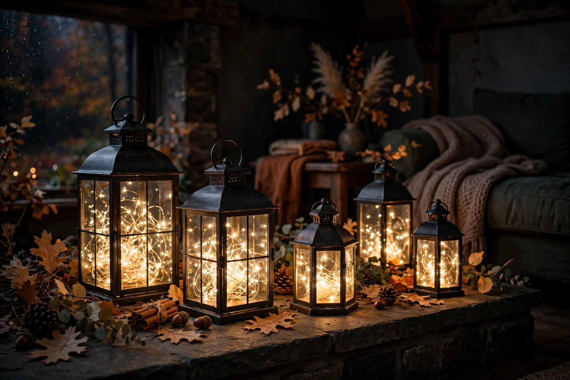 Lanterns with fairy lights glowing on a fireplace hearth