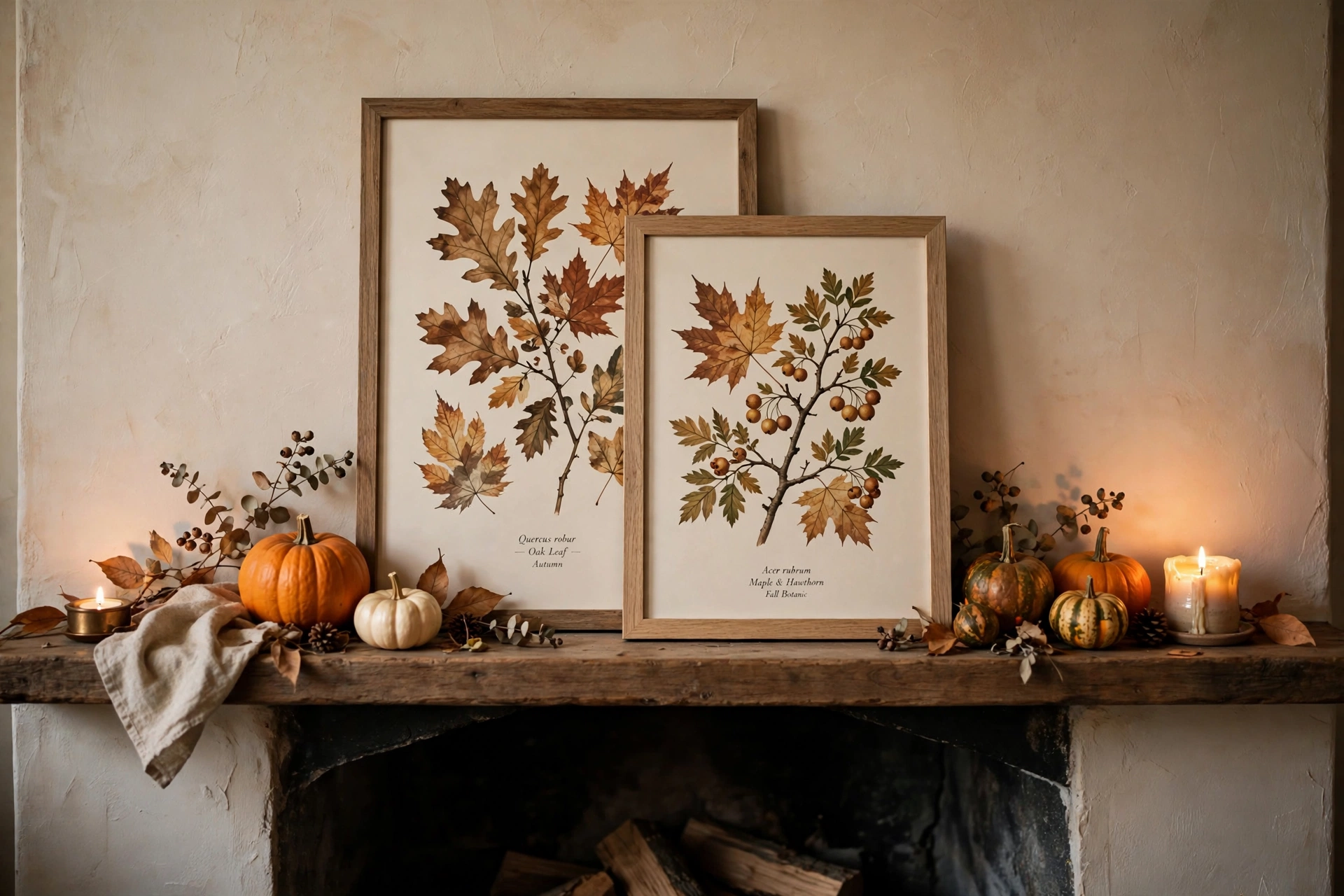 Framed autumn prints layered on a fireplace mantel