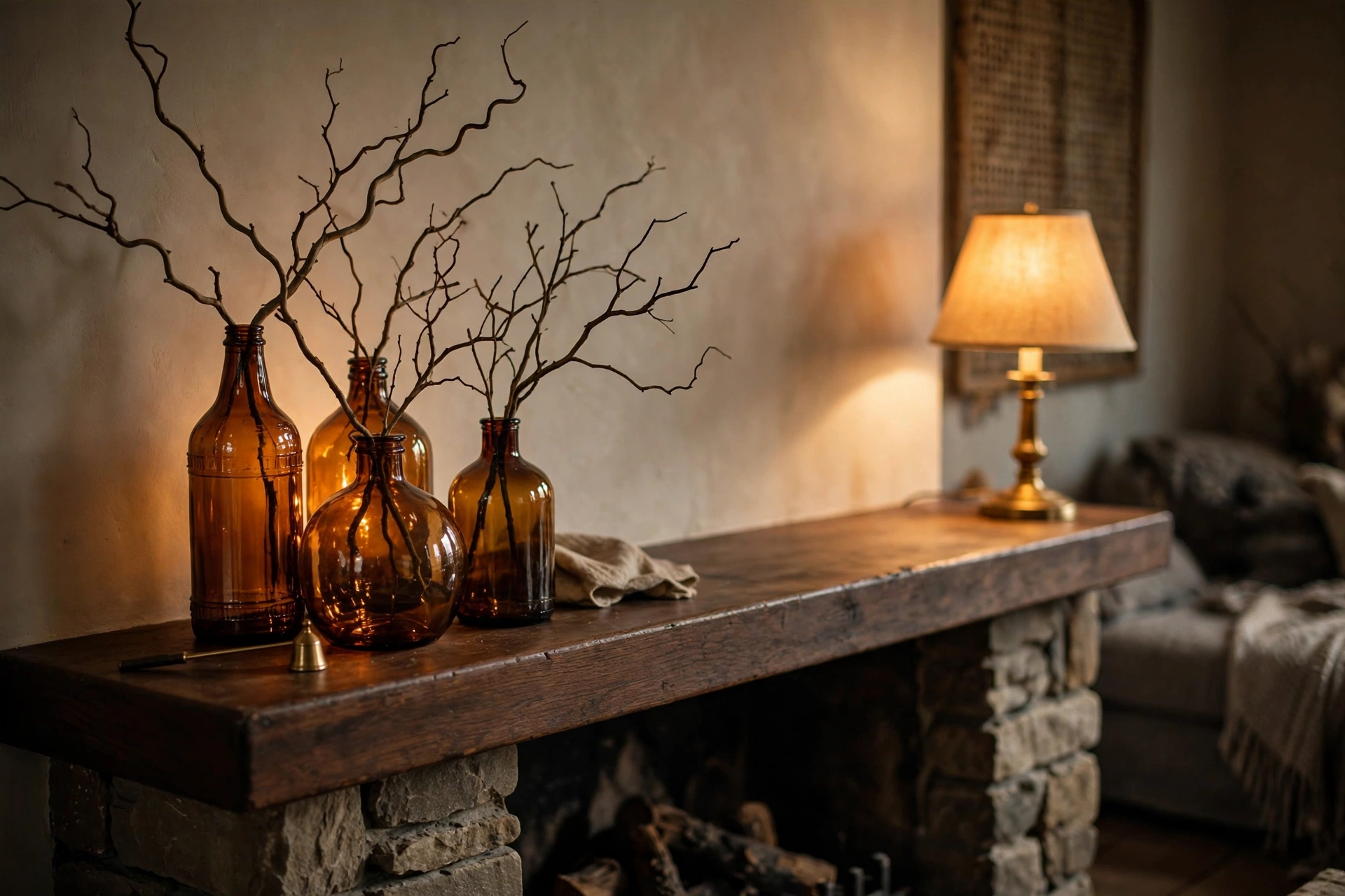 Amber glass bottles with bare branches on a fall mantel