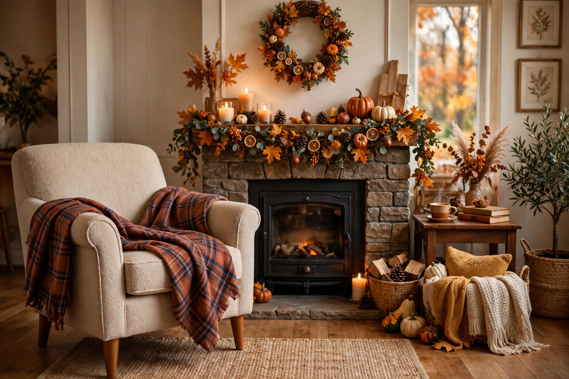 Plaid throw on an armchair beside a fall fireplace