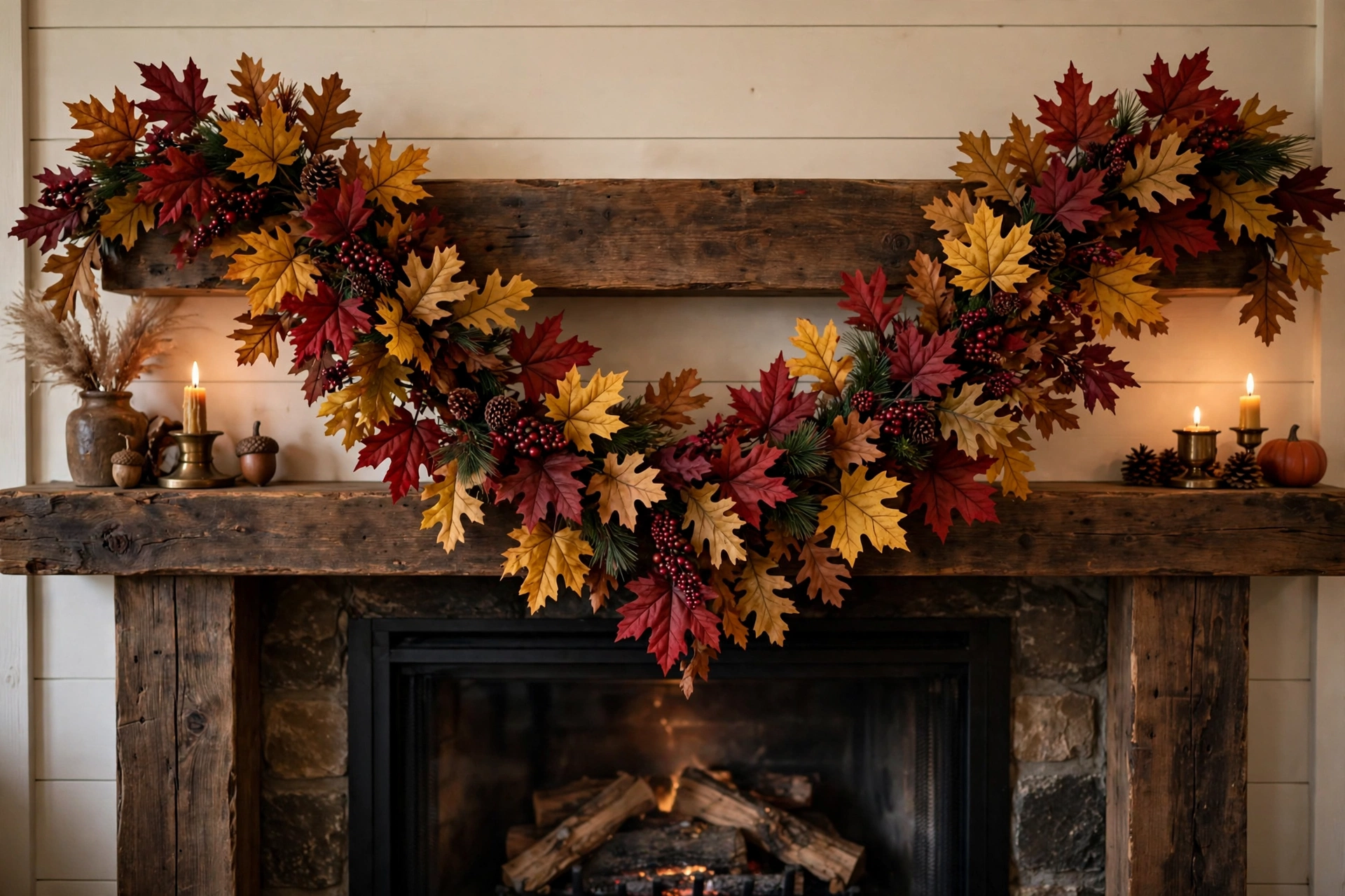 Fall leaf garland swagged across a fireplace mantel