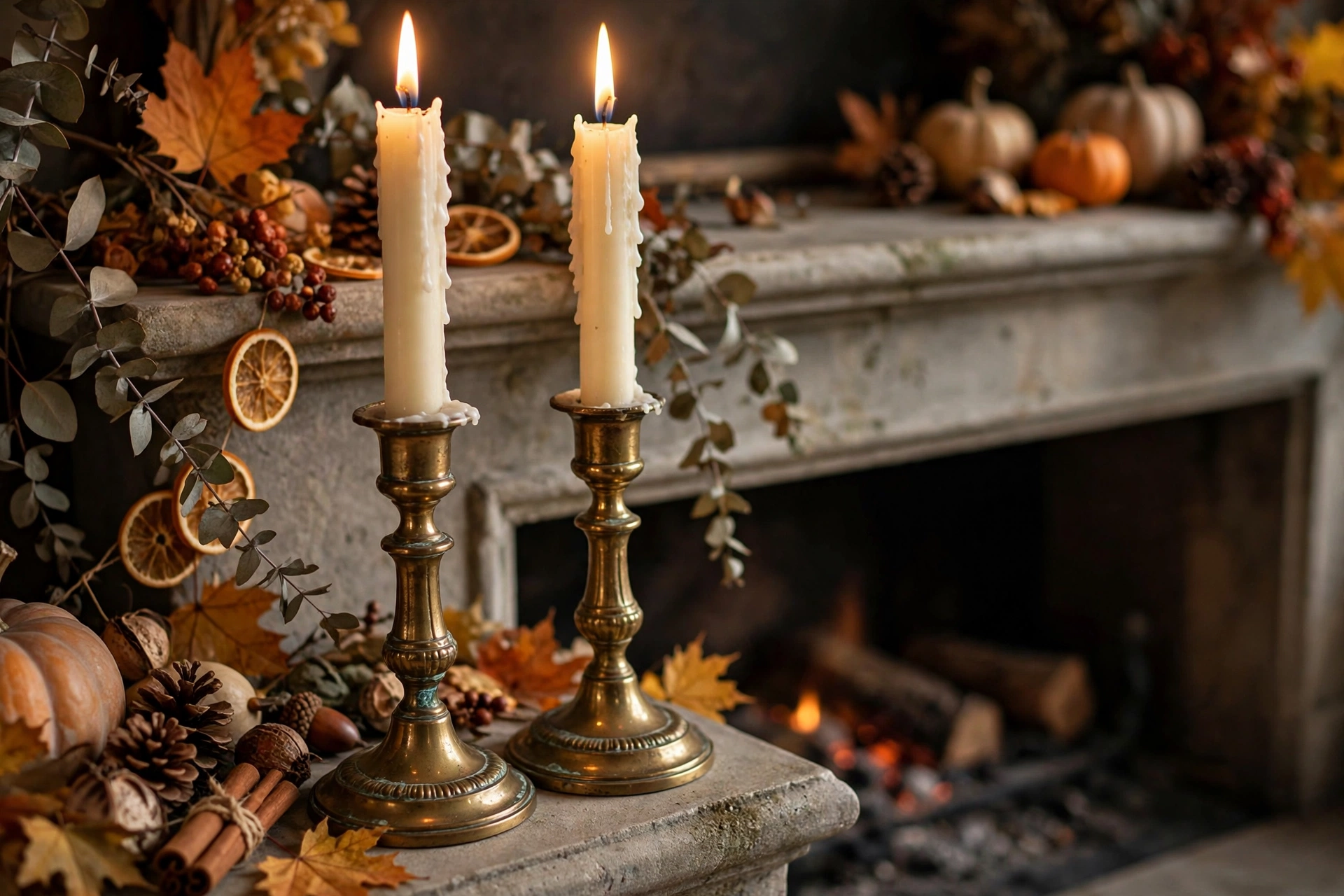 Vintage brass candlesticks on a fall fireplace mantel