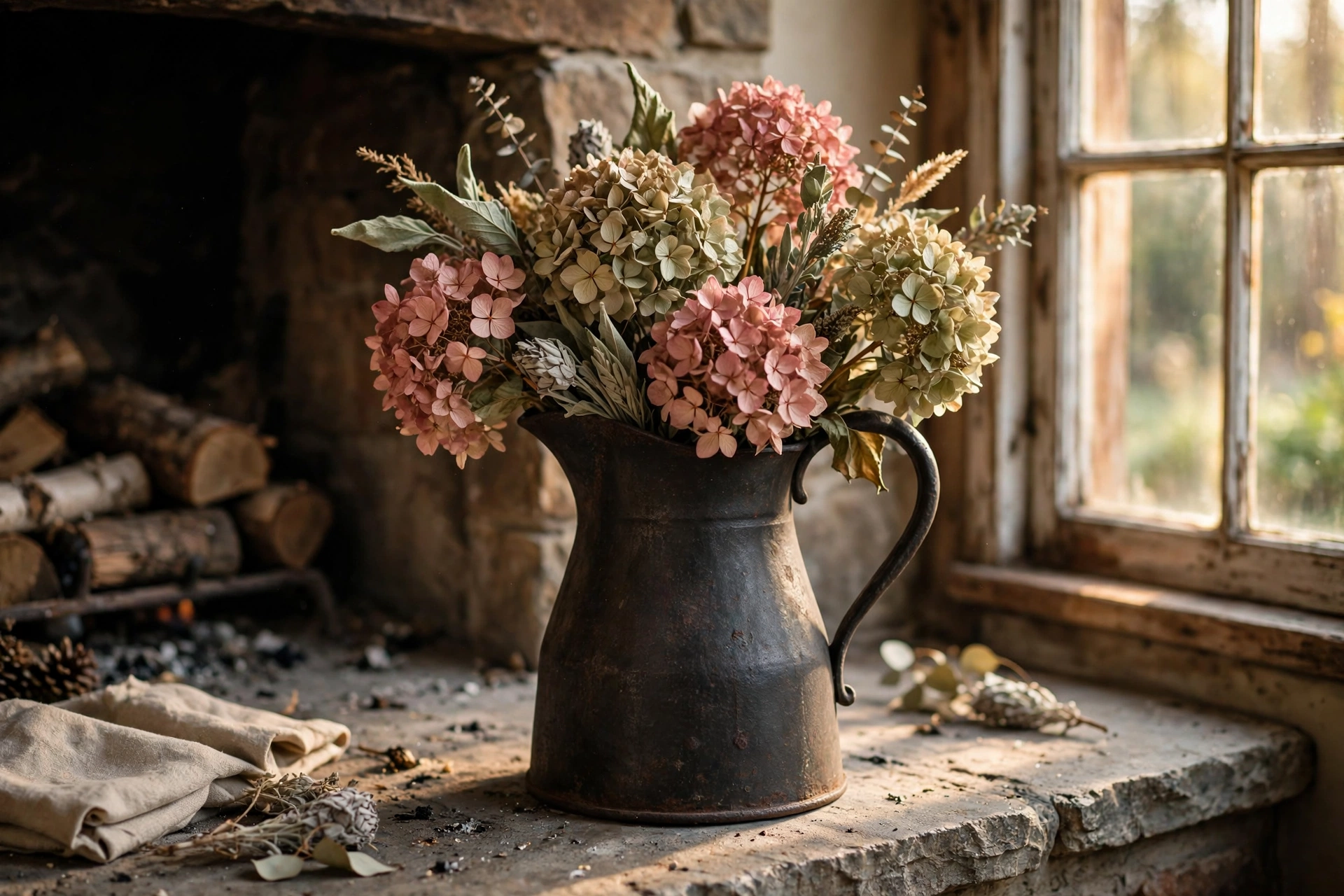 Dried hydrangeas in an iron pitcher on a fireplace hearth