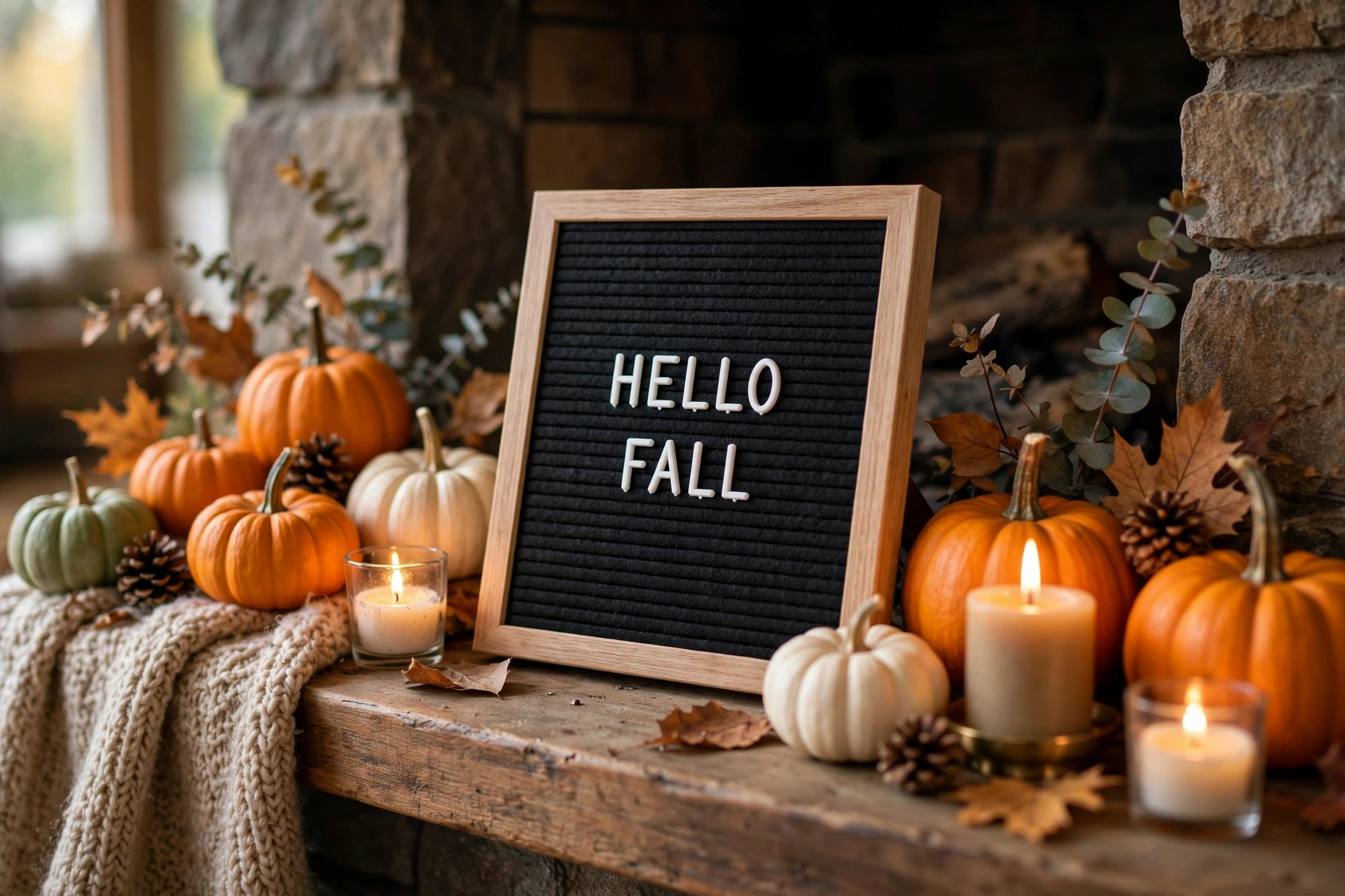 Letter board with a fall quote on a styled mantel