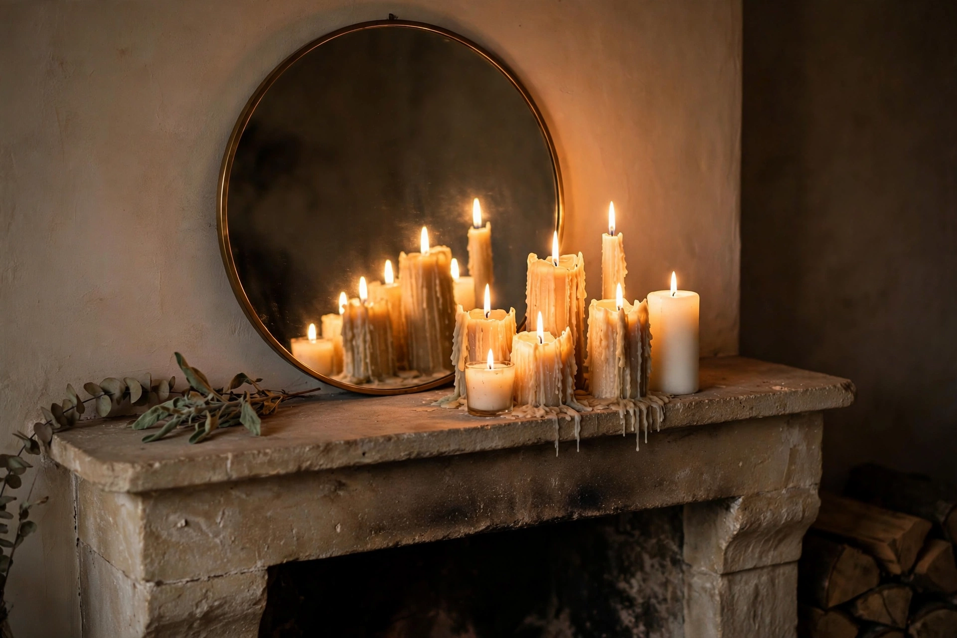 Round mirror behind candles on a fireplace mantel