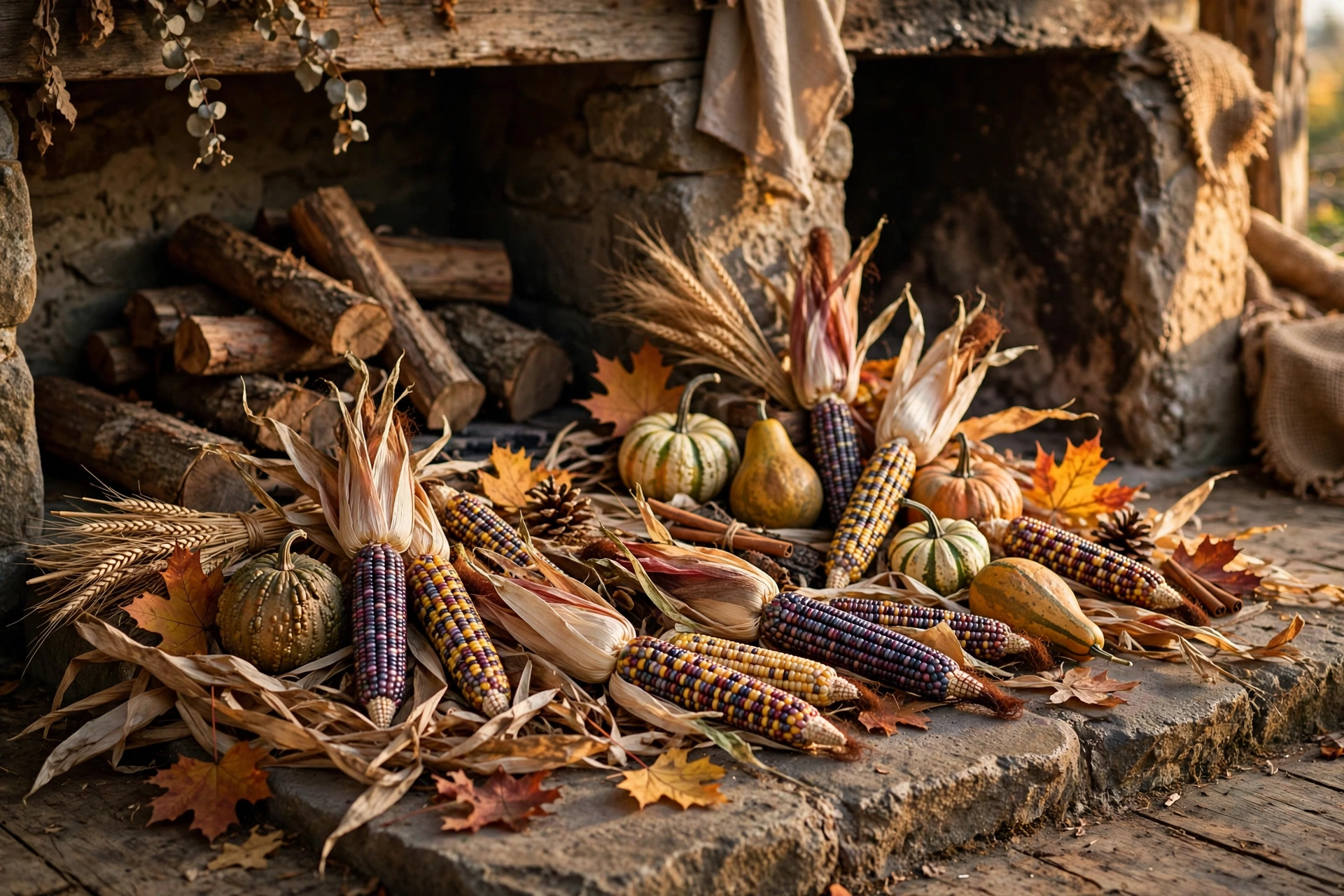 Corn husks and gourds styled on a fireplace hearth