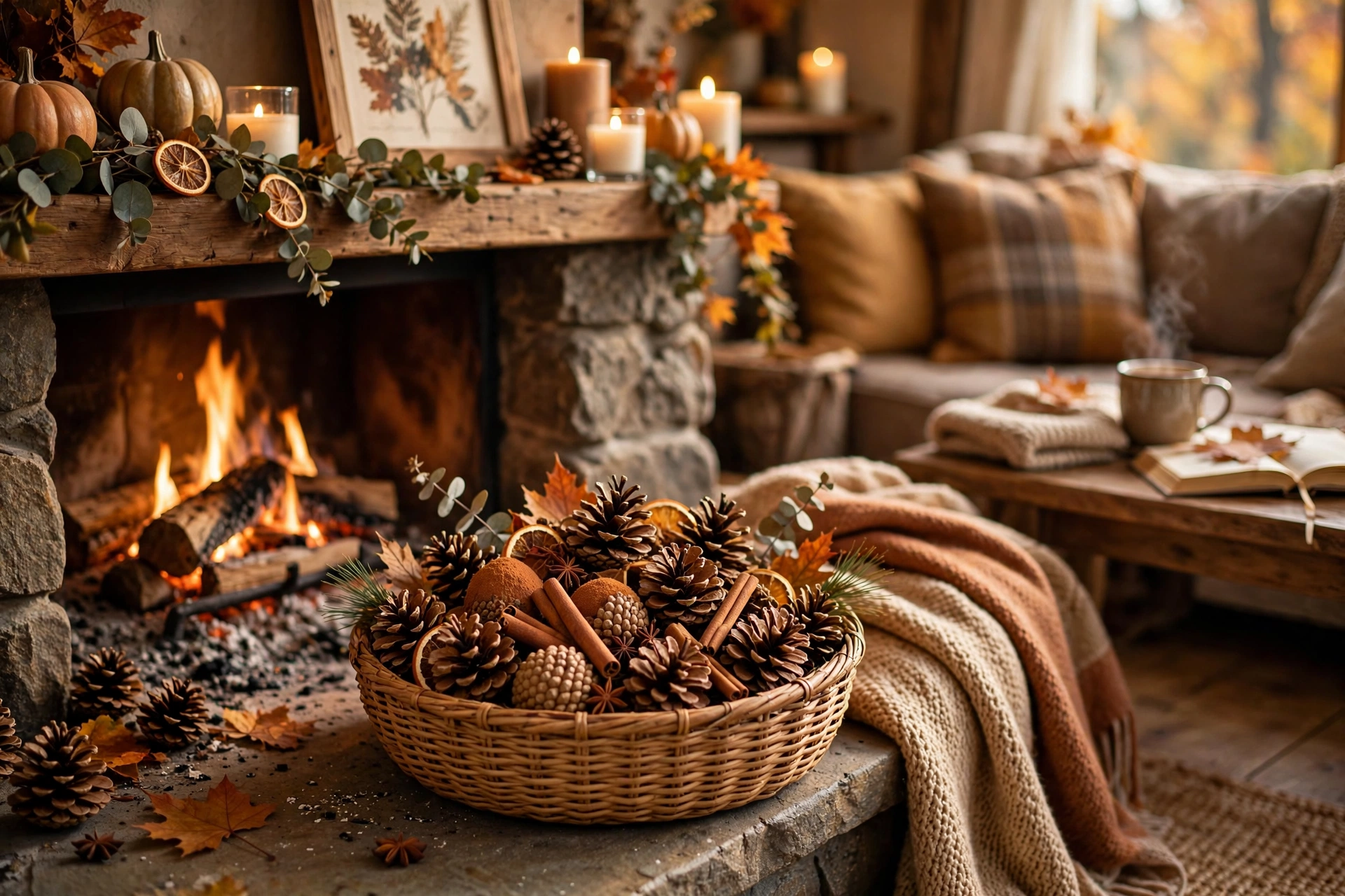 Basket of cinnamon-scented pinecones by the fireplace