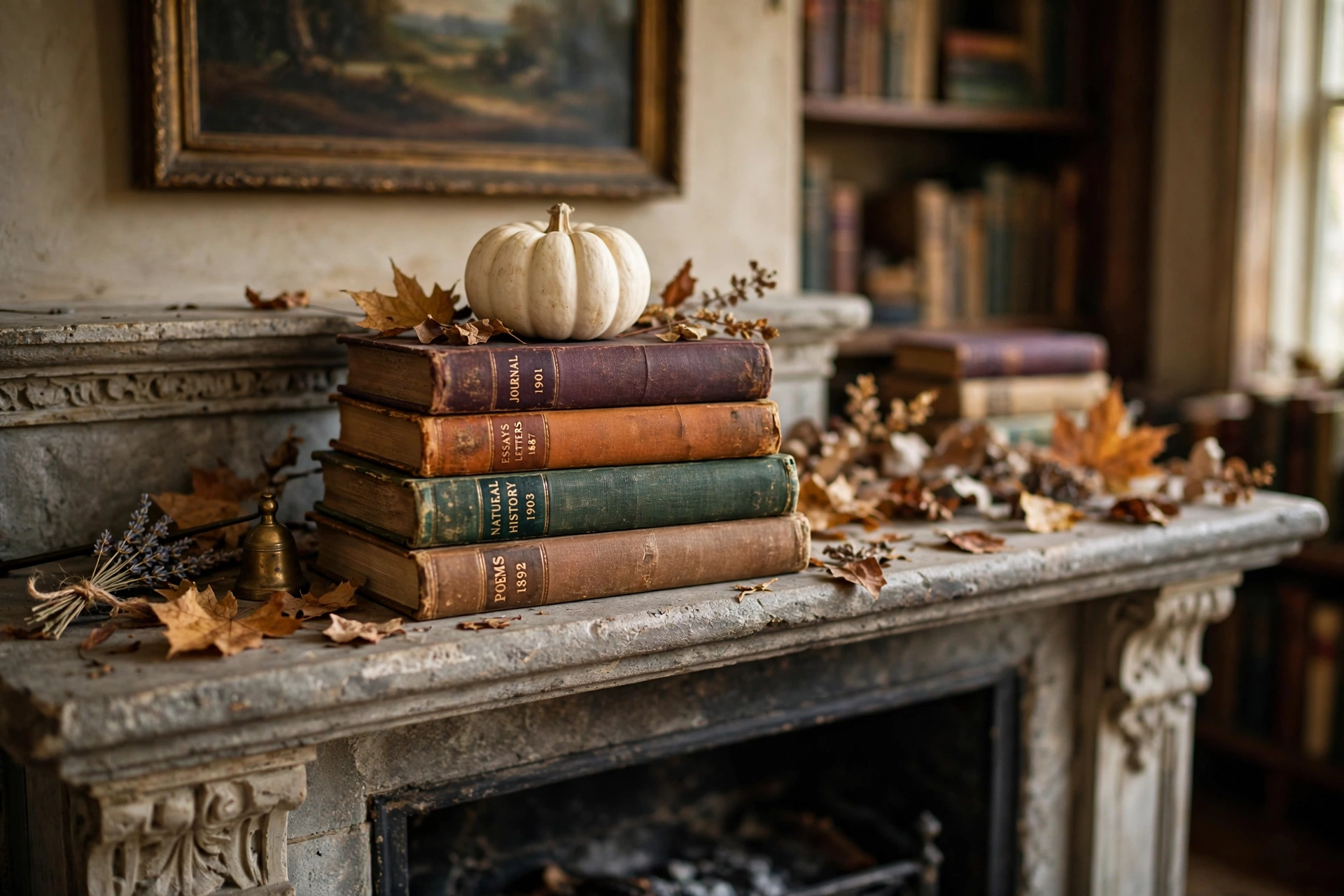 Vintage books topped with a pumpkin on a fall mantel