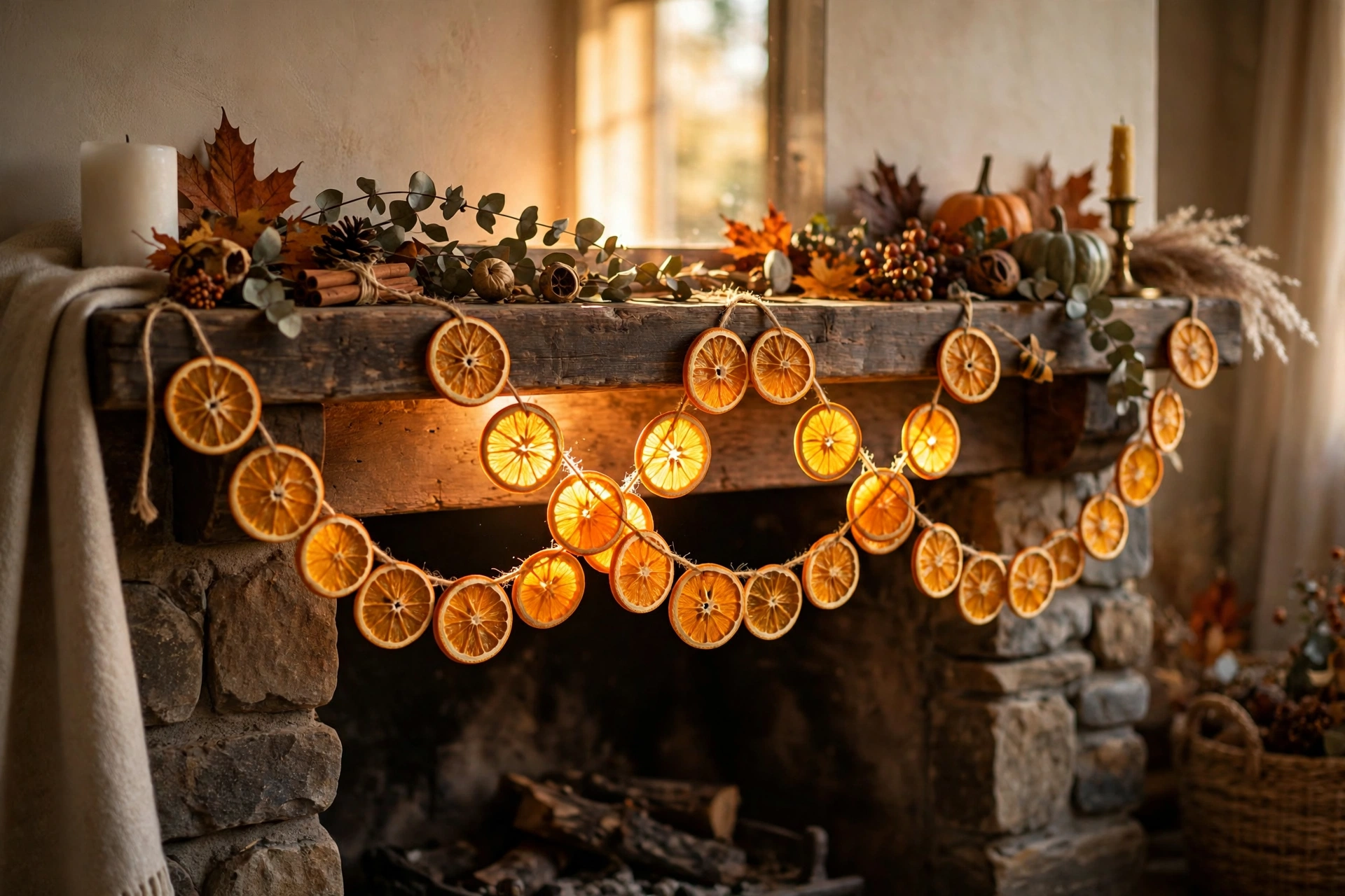 Dried orange slice garland on a fireplace mantel