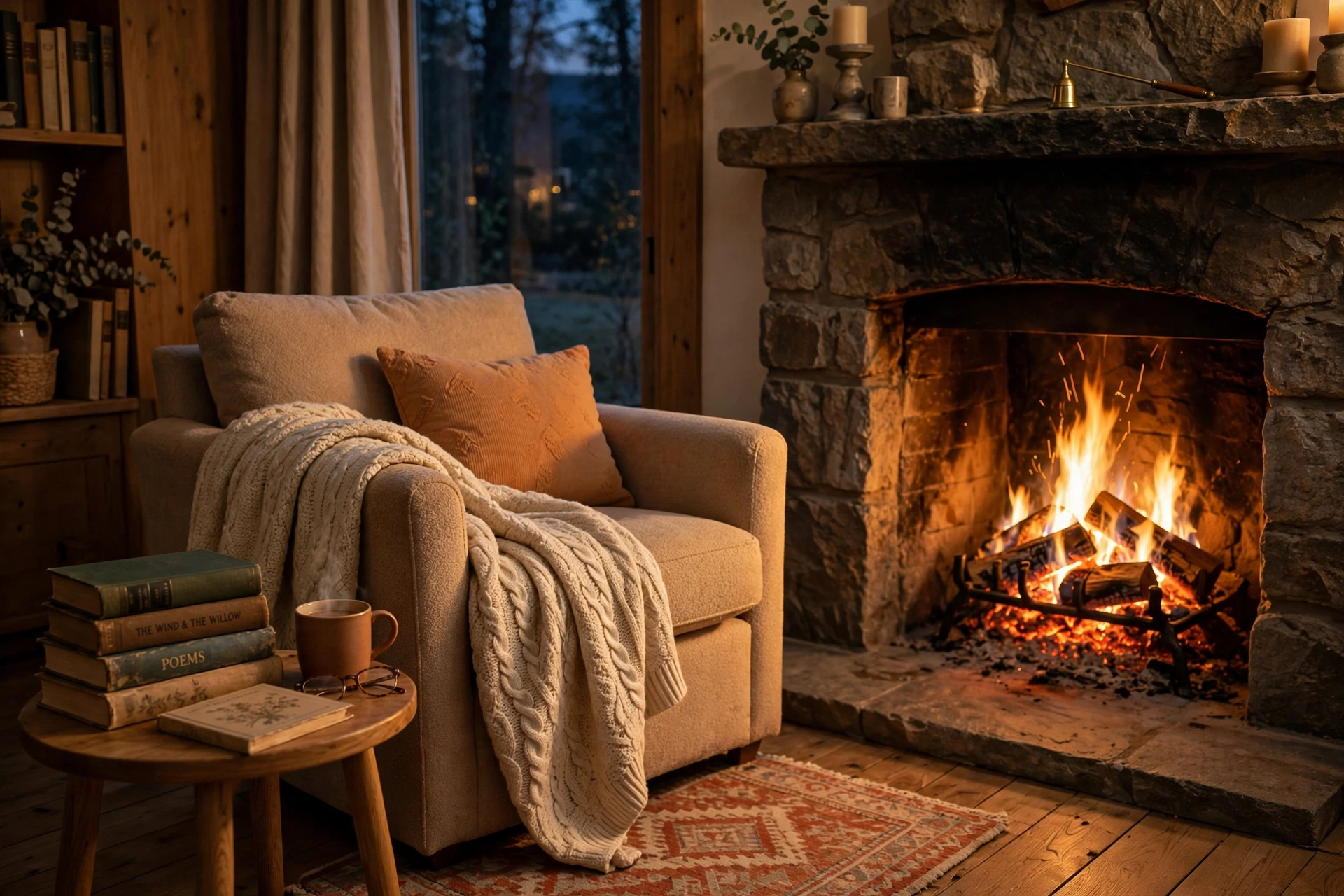 Cozy reading corner beside a glowing fireplace