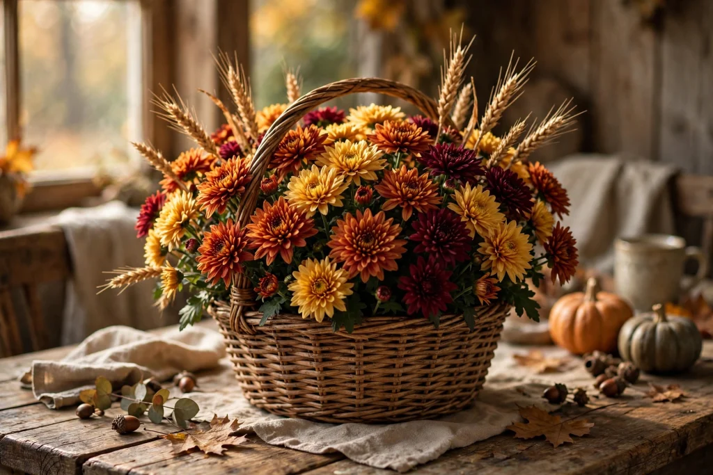 Woven harvest basket overflowing with rust, gold and burgundy chrysanthemums and dried wheat stalks