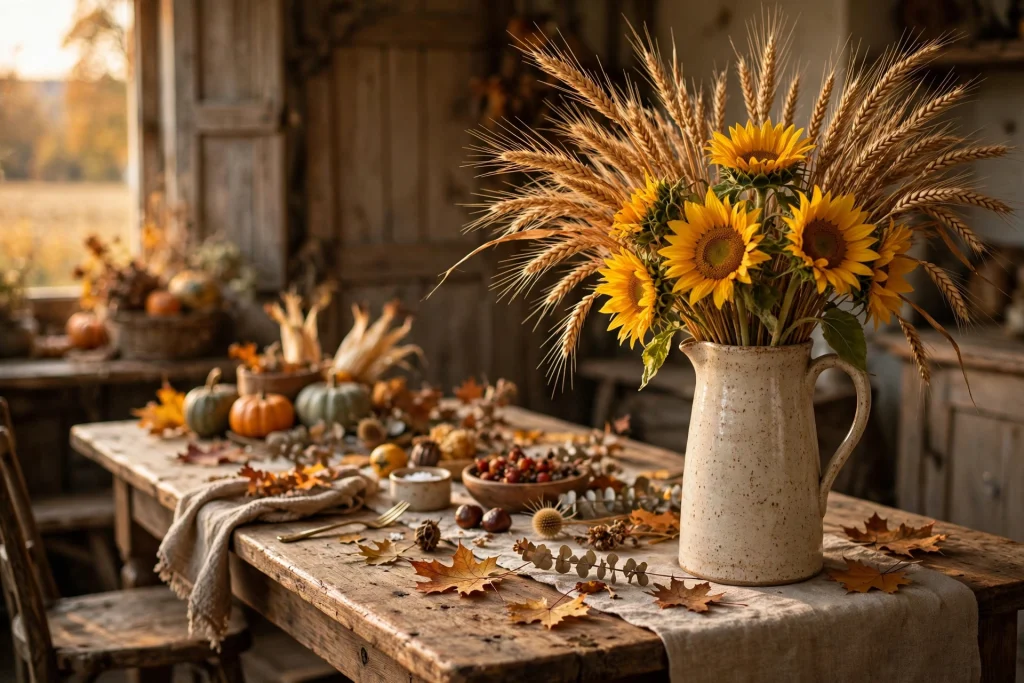 Tall ceramic pitcher filled with sunflowers and wheat stalks