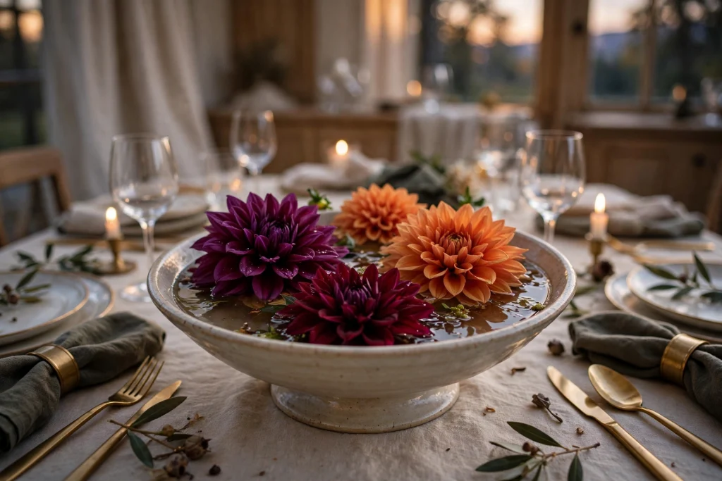 Shallow footed bowl with dinnerplate dahlias in deep plum, burnt orange and burgundy