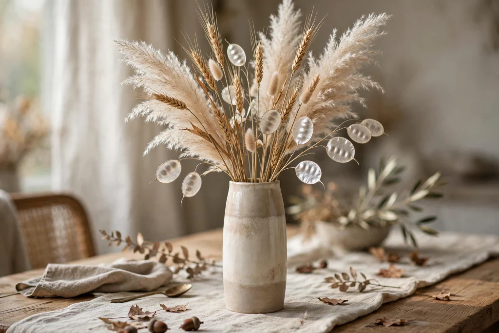 Tall ceramic vase with dried pampas grass, lunaria and preserved wheat stems