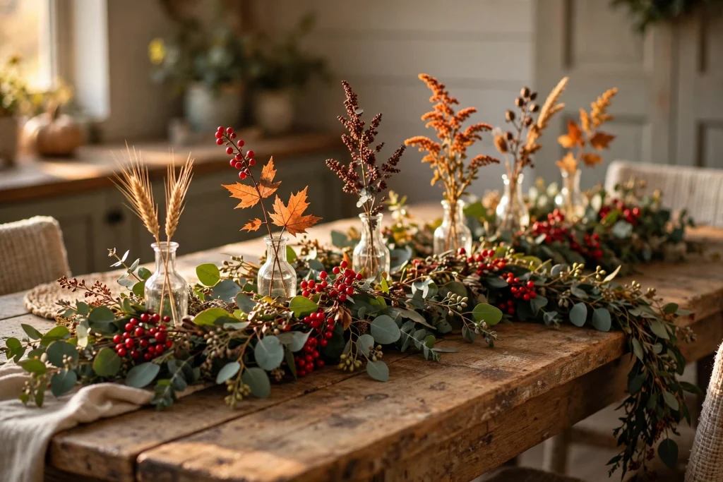 Eucalyptus and berry branch garland running down the centre of a table