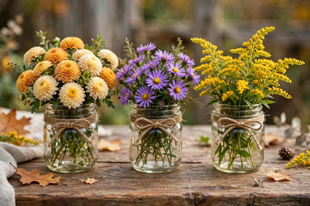 Trio of mason jars filled with cushion mums, asters and goldenrod