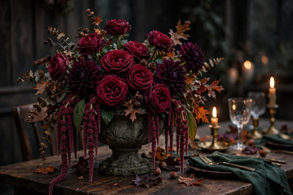 Stone urn with burgundy garden roses, dark dahlias and trailing amaranthus