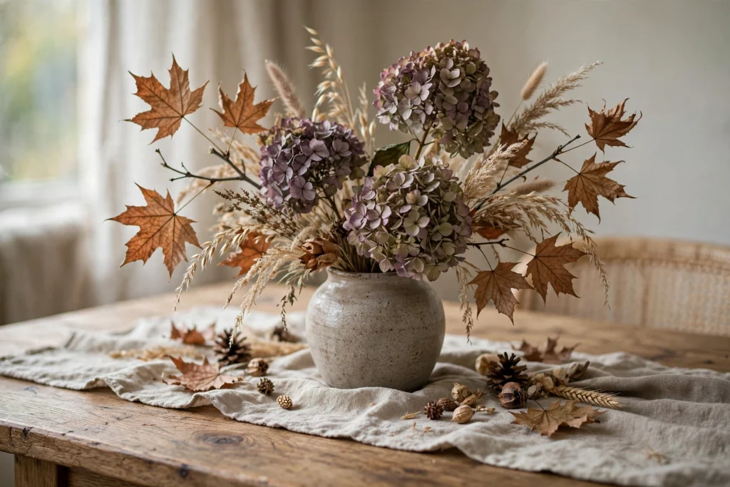 Stoneware vase with dried hydrangeas, maple branches and dried grasses