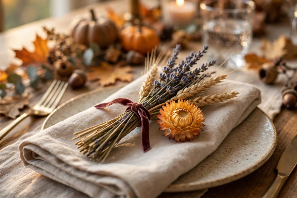 Tiny tied bundles of dried lavender, wheat stalks and strawflower at each place setting