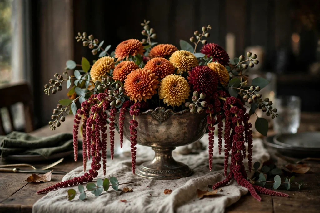 Vintage footed compote bowl with cushion mums and a cascade of trailing amaranthus