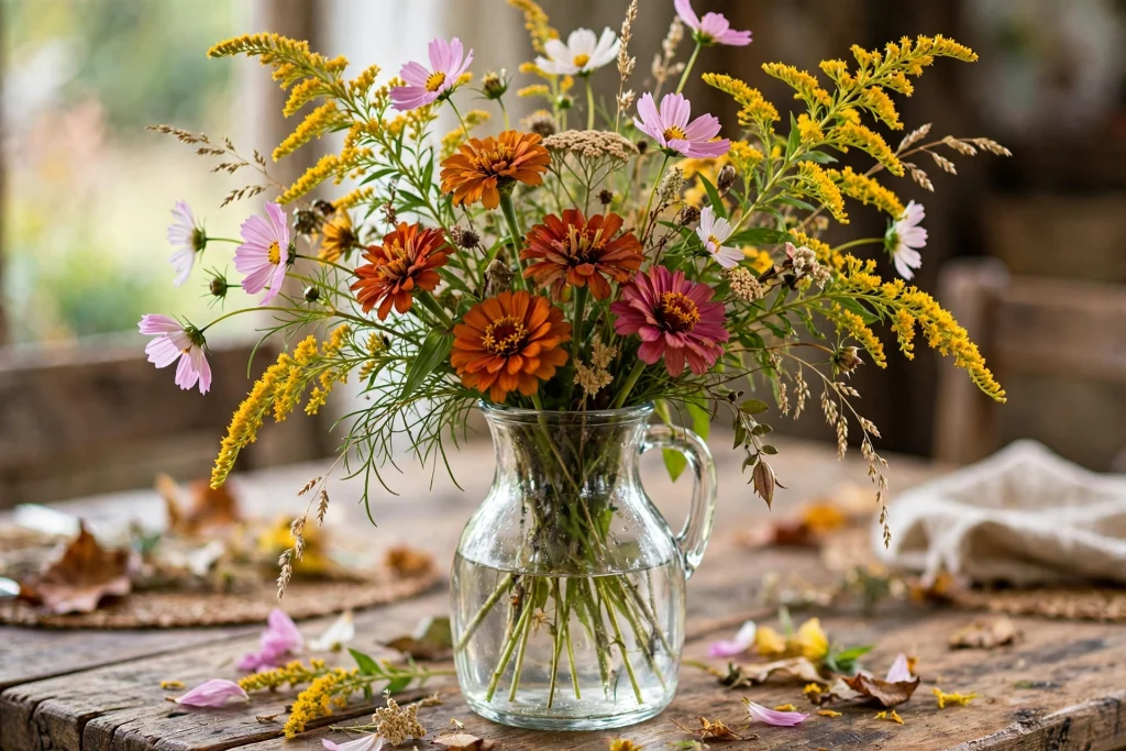 Clear glass carafe with goldenrod, cosmos and late-season zinnias