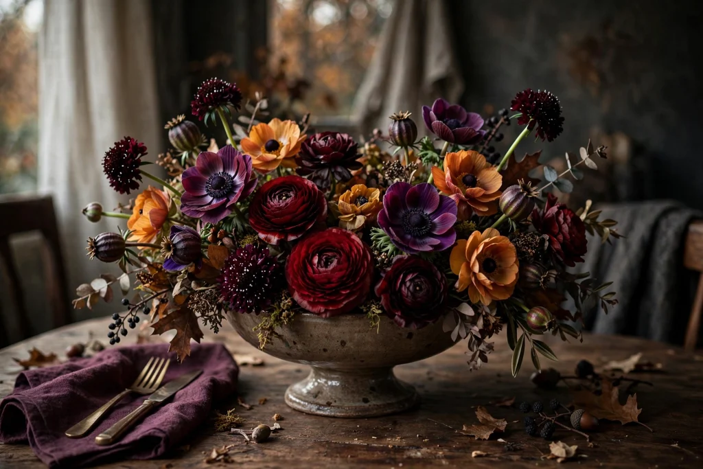 Footed bowl with ranunculus and anemones in garnet, plum and amber tones