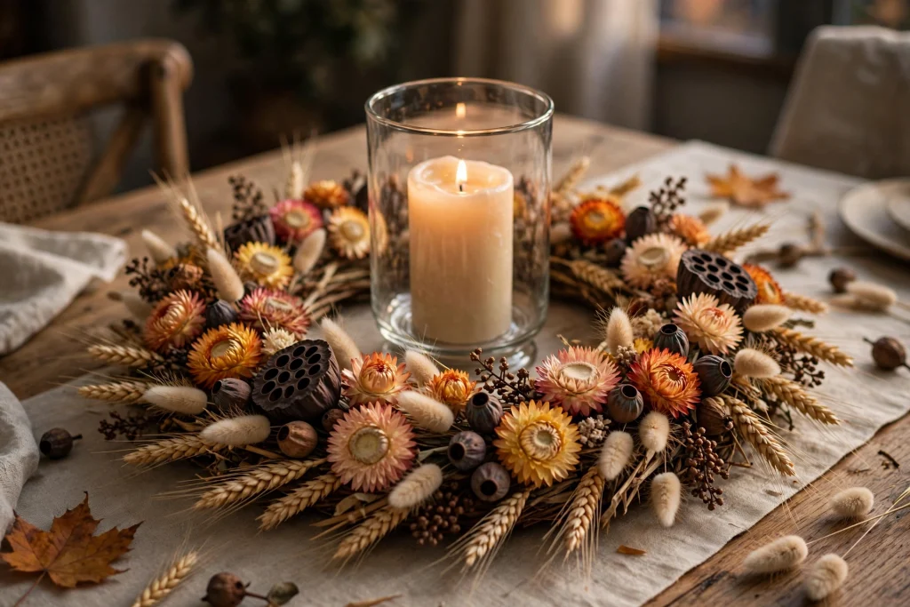 Flat dried flower wreath with a pillar candle in the centre of a table