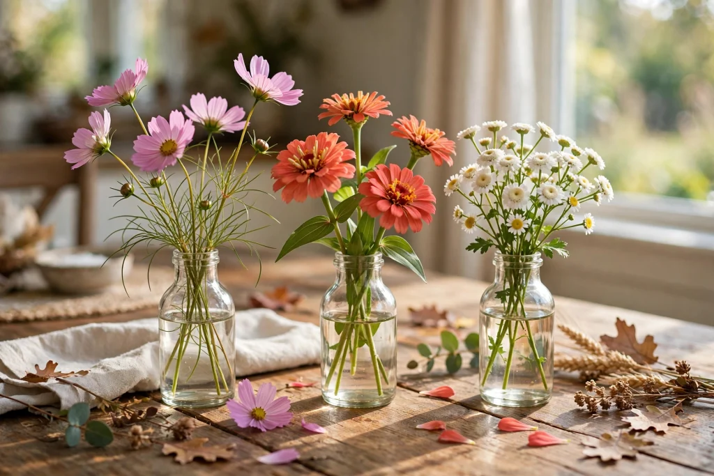 Three small glass bottles with cosmos, zinnias and feverfew