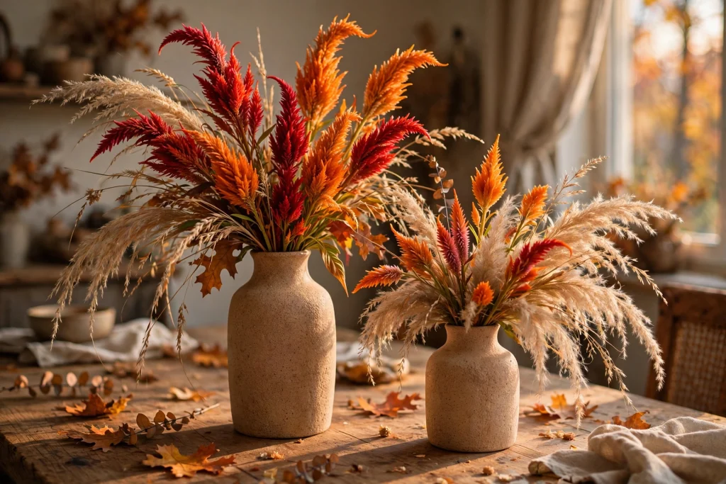 Two matching vases of different heights with celosia plumes and ornamental grasses