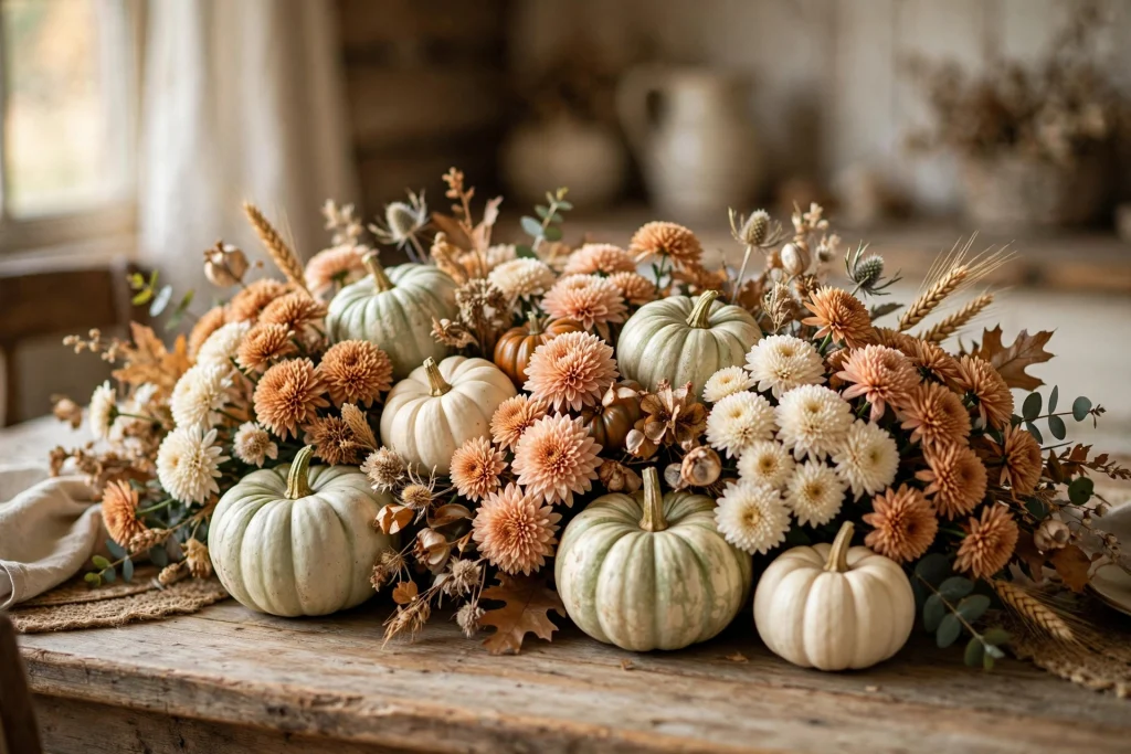 White and pale-green heirloom pumpkins nestled among peach, cream and caramel cushion mums