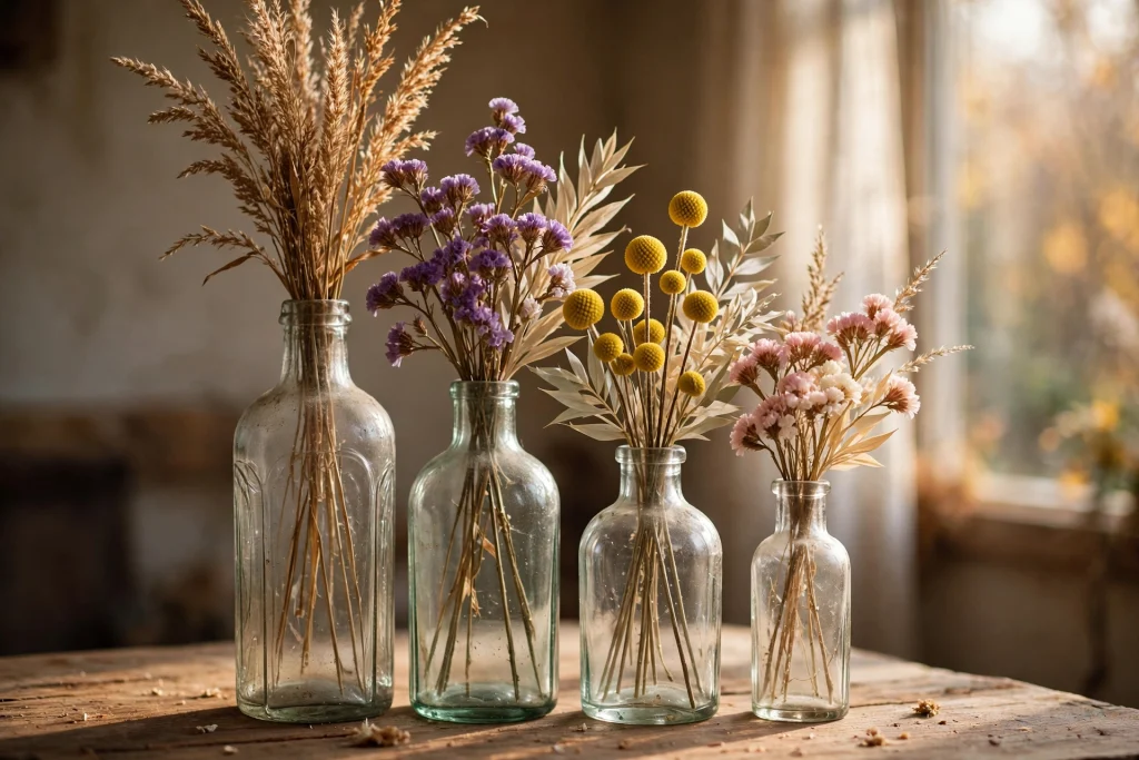 Tall vintage bottles filled with dried statice, craspedia, bleached ruscus and grasses