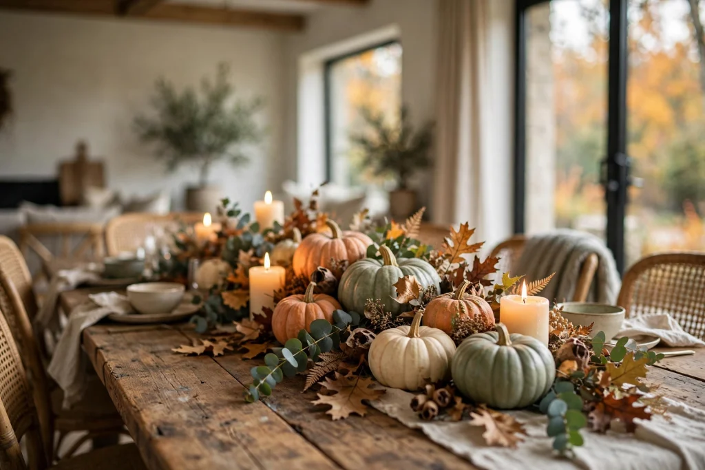 Cozy fall table centerpiece styled with pumpkins, candles and autumn foliage