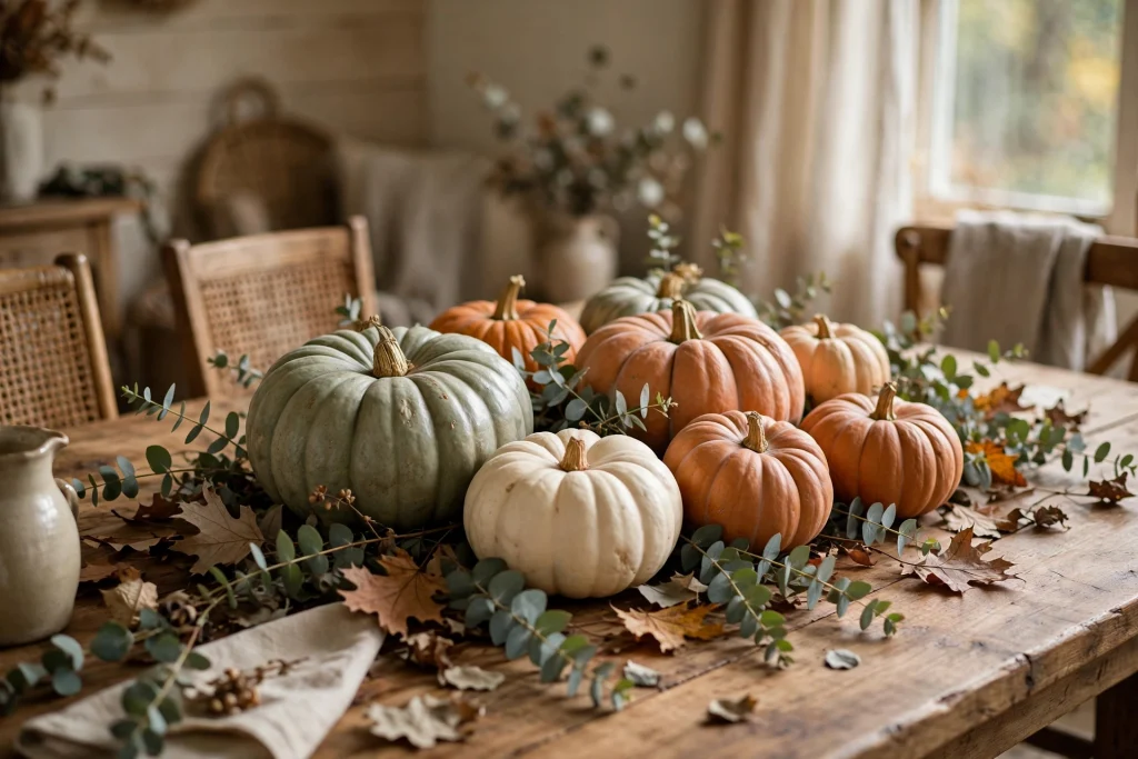 Heirloom pumpkin cluster centerpiece with eucalyptus sprigs on a fall table