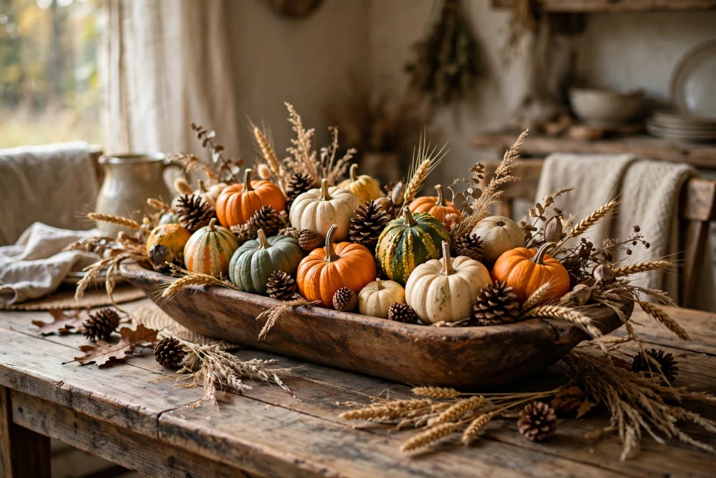 Wooden dough bowl filled with pumpkins, gourds, pinecones and dried wheat
