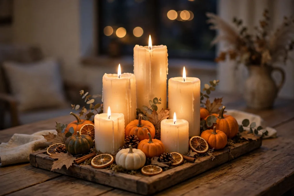 Layered pillar candle grouping with small pumpkins and dried orange slices