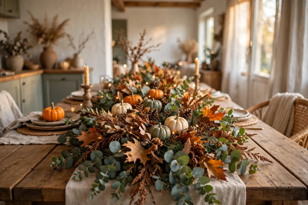 Eucalyptus and fall foliage garland runner with fairy lights and mini pumpkins