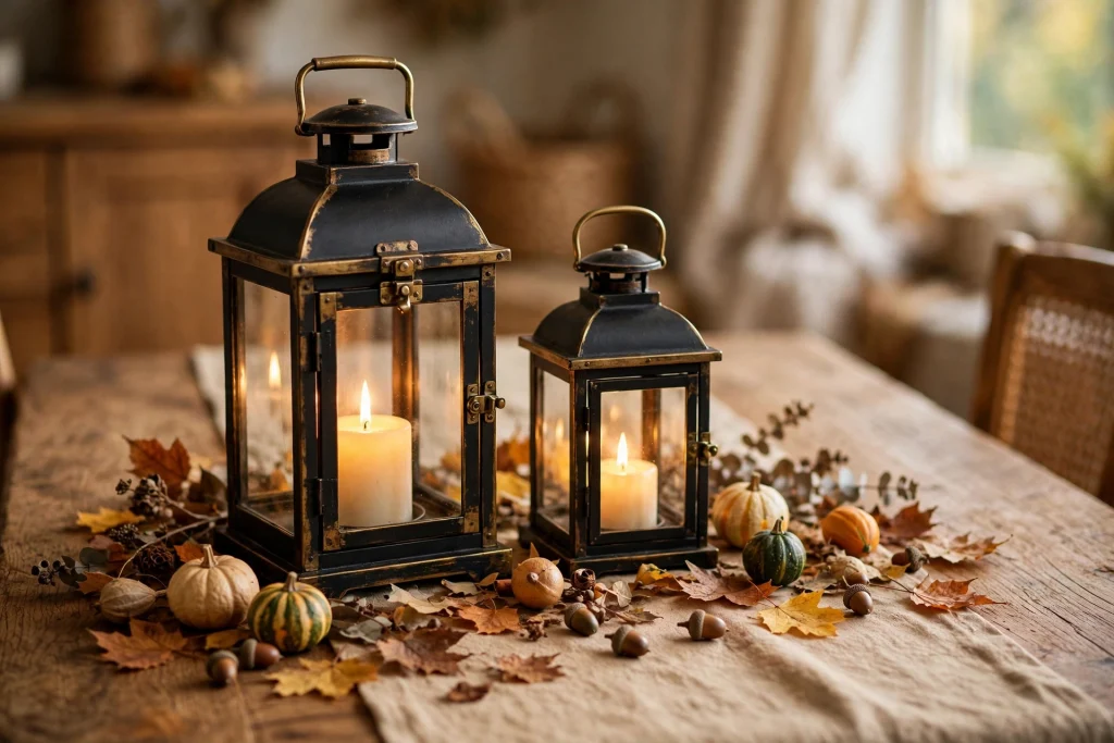 Lantern vignette centerpiece with glowing candles, leaves and gourds