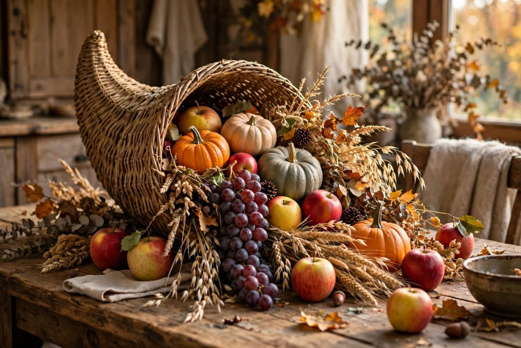 Cornucopia horn basket overflowing with pumpkins, apples and dried grasses