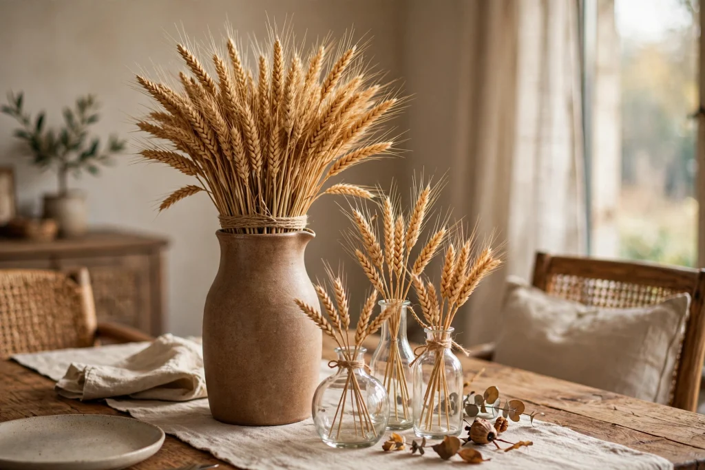 Dried wheat sheaf bundles tied with twine in glass vases