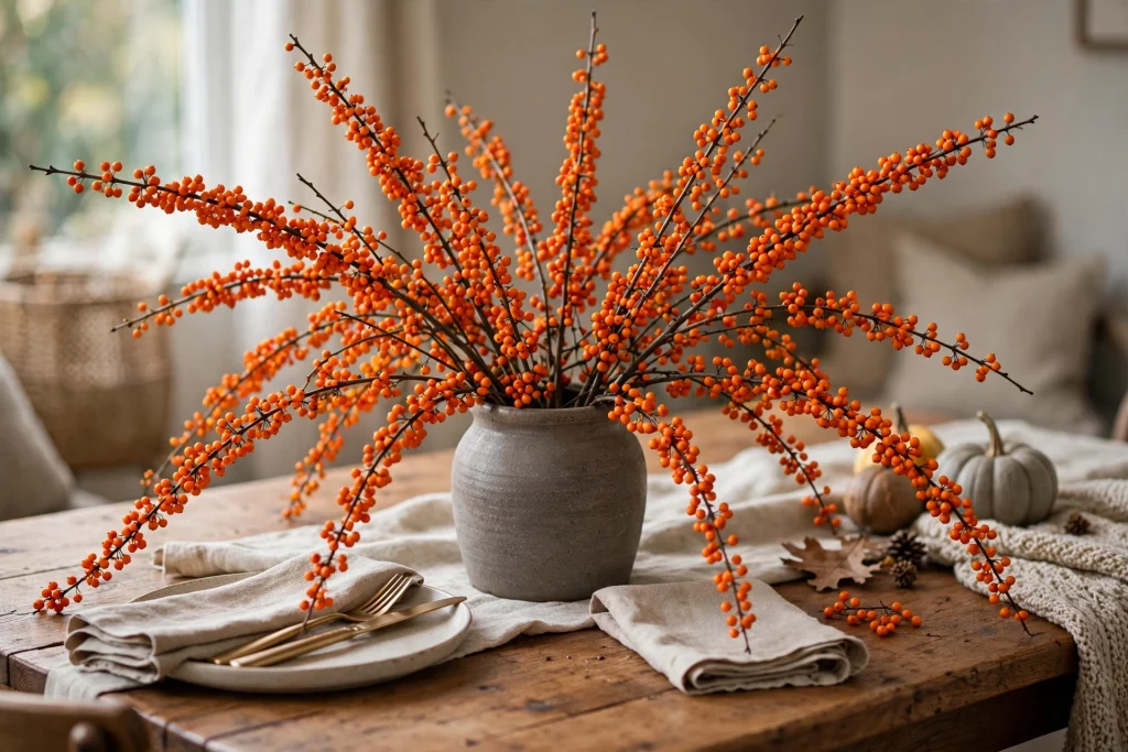 Bittersweet berry branches in a stoneware vase as fall centerpiece