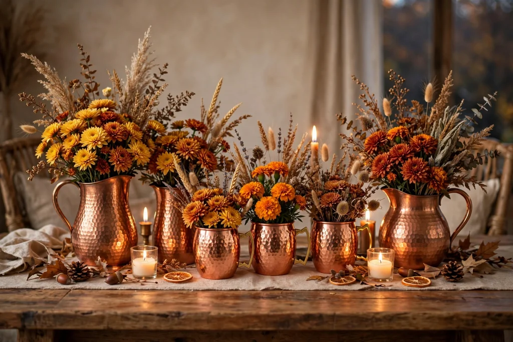 Copper pitchers with warm-toned mums and marigolds catching candlelight