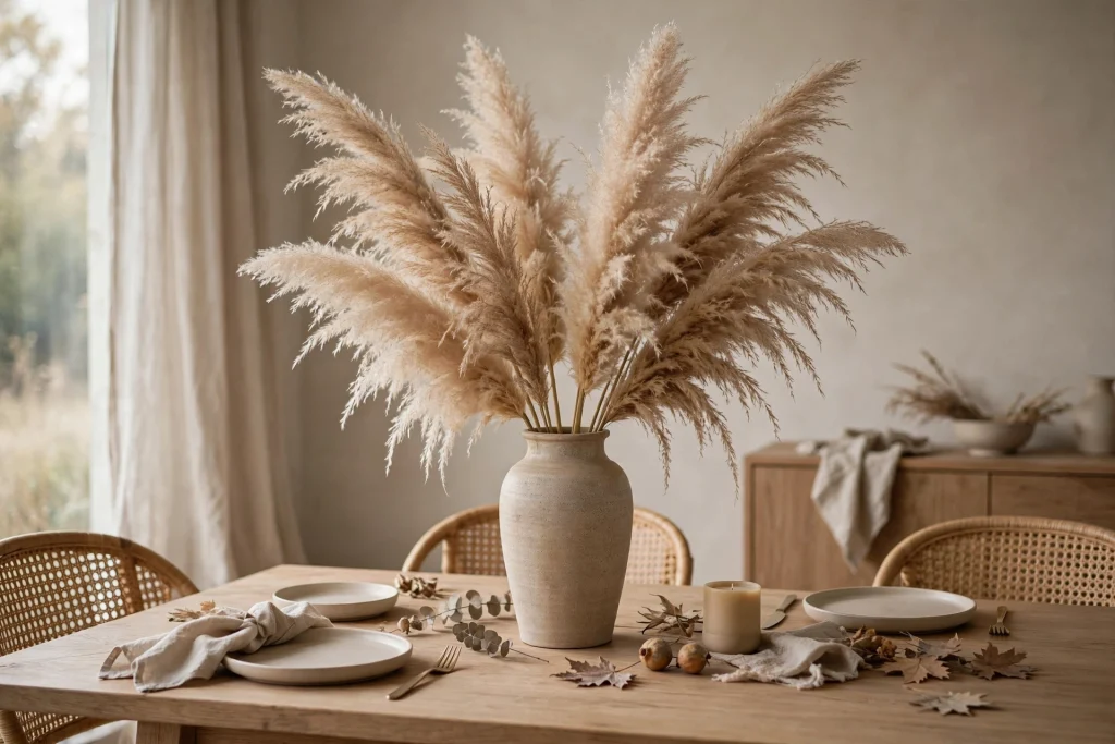 Tall ceramic vase with feathery pampas grass as dramatic centerpiece