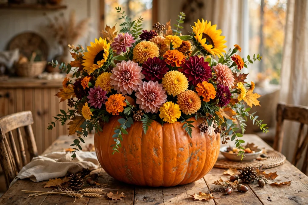 Hollowed pumpkin vase filled with fresh fall flowers