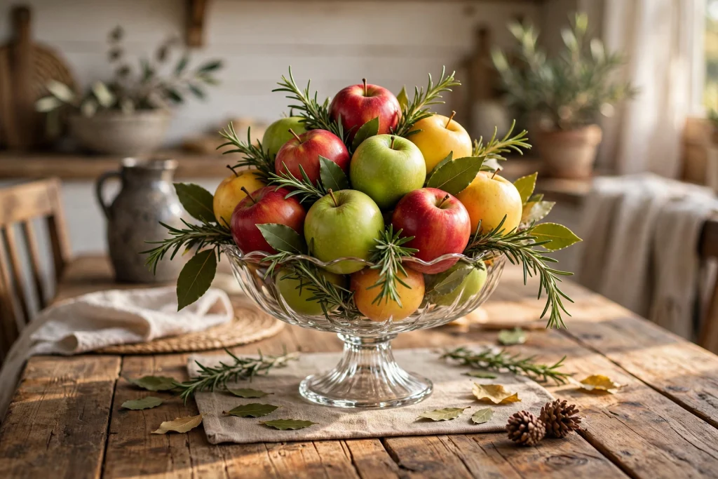 Footed compote bowl piled with red, green and golden apples