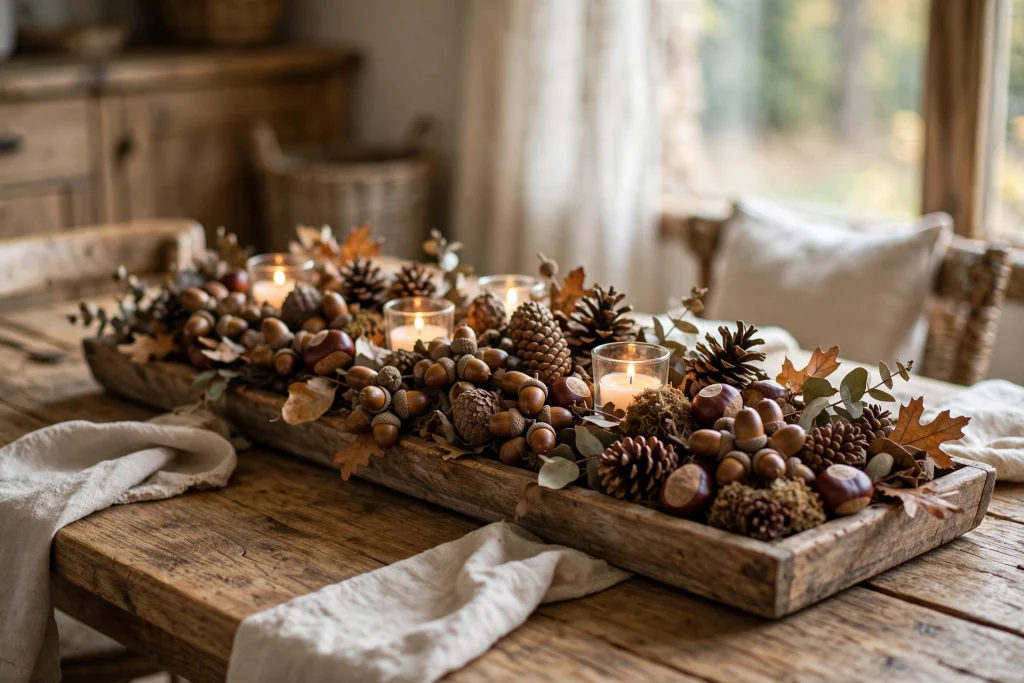 Wooden tray layered with acorns, pinecones and votive candles