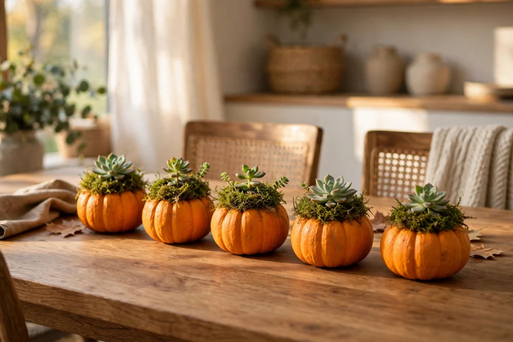 Mini pumpkins topped with moss and succulents in a row