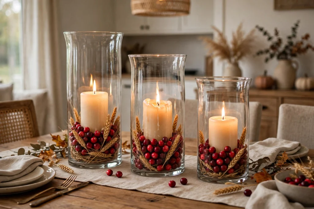 Glass hurricane vases with pillar candles over cranberries in a row
