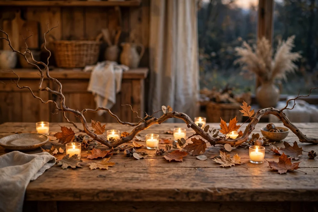 Bare twisting branch with votive candles and dried leaves down the table